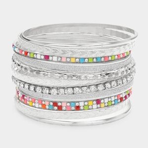 Silver 11 Piece Stack Metal Bangle Bracelets Set Mixed Layered Stone